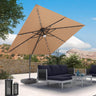 Patioslife 3x3m Tan LED cantilever umbrella shading outdoor lounge furniture on a sunny patio with mountain view