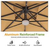 Patioslife Tan LED cantilever umbrella showing reinforced aluminium frame and rust resistant ribs