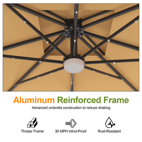 Patioslife Tan LED cantilever umbrella showing reinforced aluminium frame and rust resistant ribs