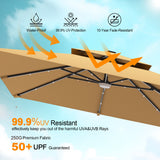 Patioslife Tan LED cantilever umbrella showing waterproof UV resistant and fade resistant canopy under blue sky