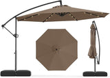Patioslife Aegis Premium tan cantilever umbrella product view with open canopy, closed umbrella and top view