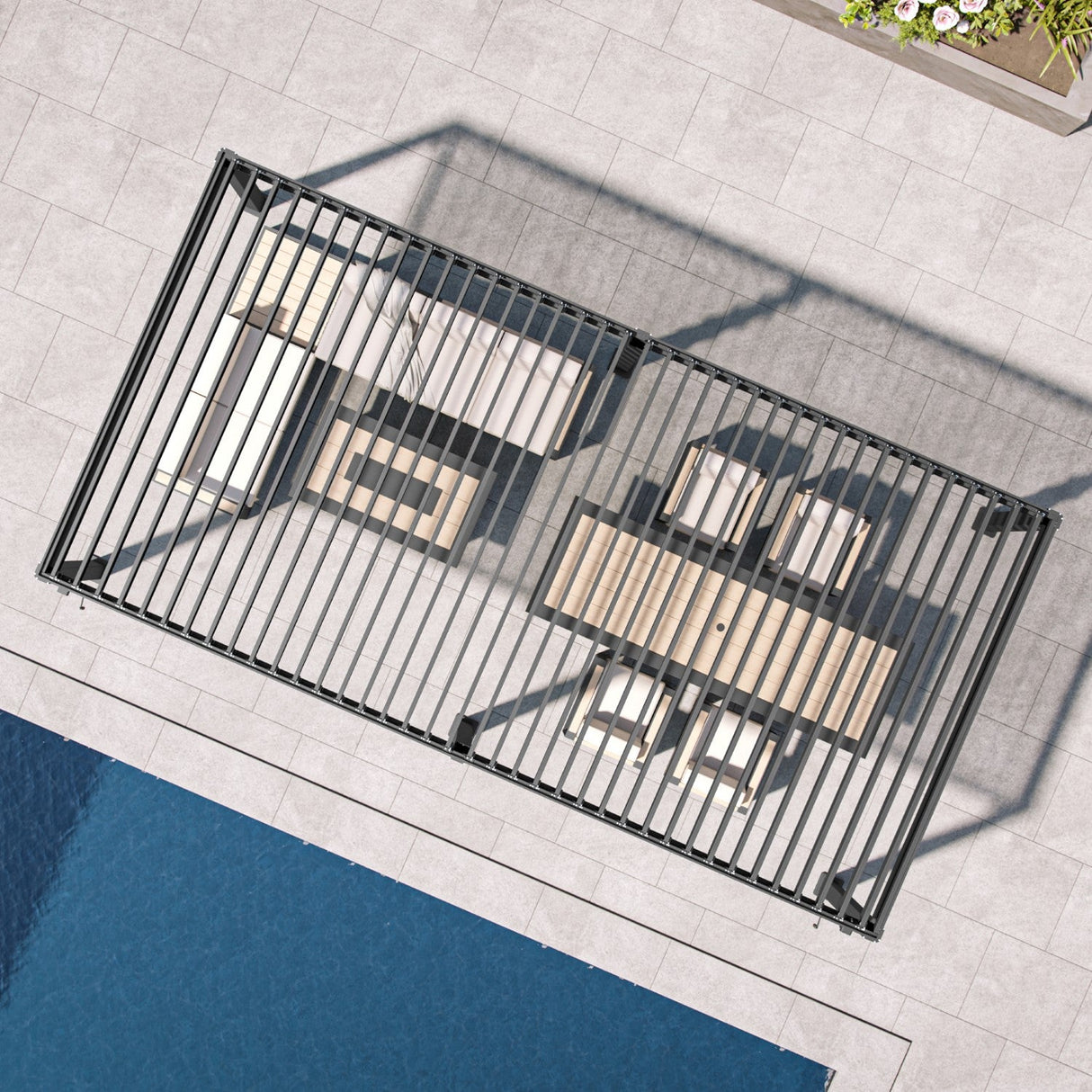 Patioslife Atlantic pergola top view showing adjustable louvered roof slats for flexible sunlight, airflow and outdoor shade control