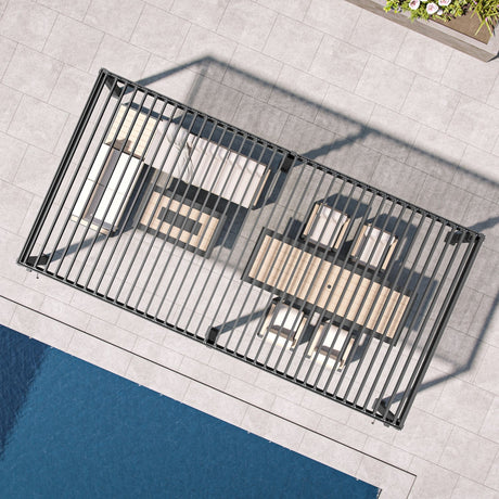 Patioslife Atlantic pergola top view showing adjustable louvered roof slats for flexible sunlight, airflow and outdoor shade control