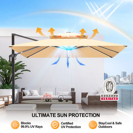 Patioslife Aegis Premium cantilever umbrella with double top vent and UV protection for safe outdoor shade on a modern balcony