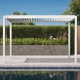 Patioslife 3 x 4m white heavy-duty aluminium louvered pergola beside a swimming pool and garden hedge