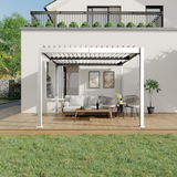 Patioslife 3 x 3m white aluminium pergola with adjustable louvers over a backyard deck lounge beside a house
