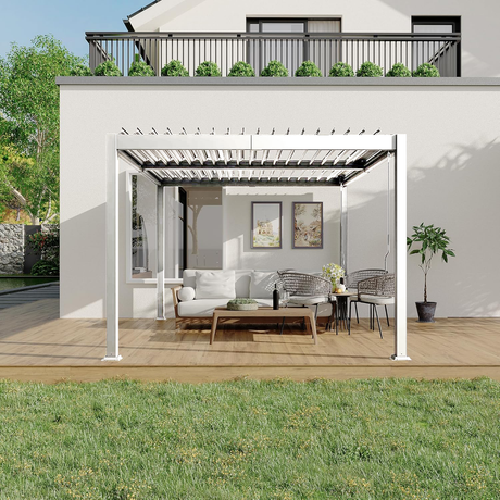 Patioslife 3 x 3m white aluminium pergola with adjustable louvers over a backyard deck lounge beside a house