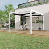 Patioslife 3 x 3m white aluminium pergola with adjustable louvers covering an outdoor dining set on a wooden deck