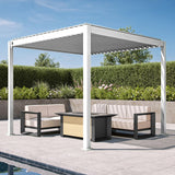 Patioslife 3 x 3m white aluminium pergola with adjustable louvers over a modern poolside sofa set on a patio