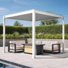 Patioslife 3 x 3m white aluminium pergola with adjustable louvers over a modern poolside sofa set on a patio